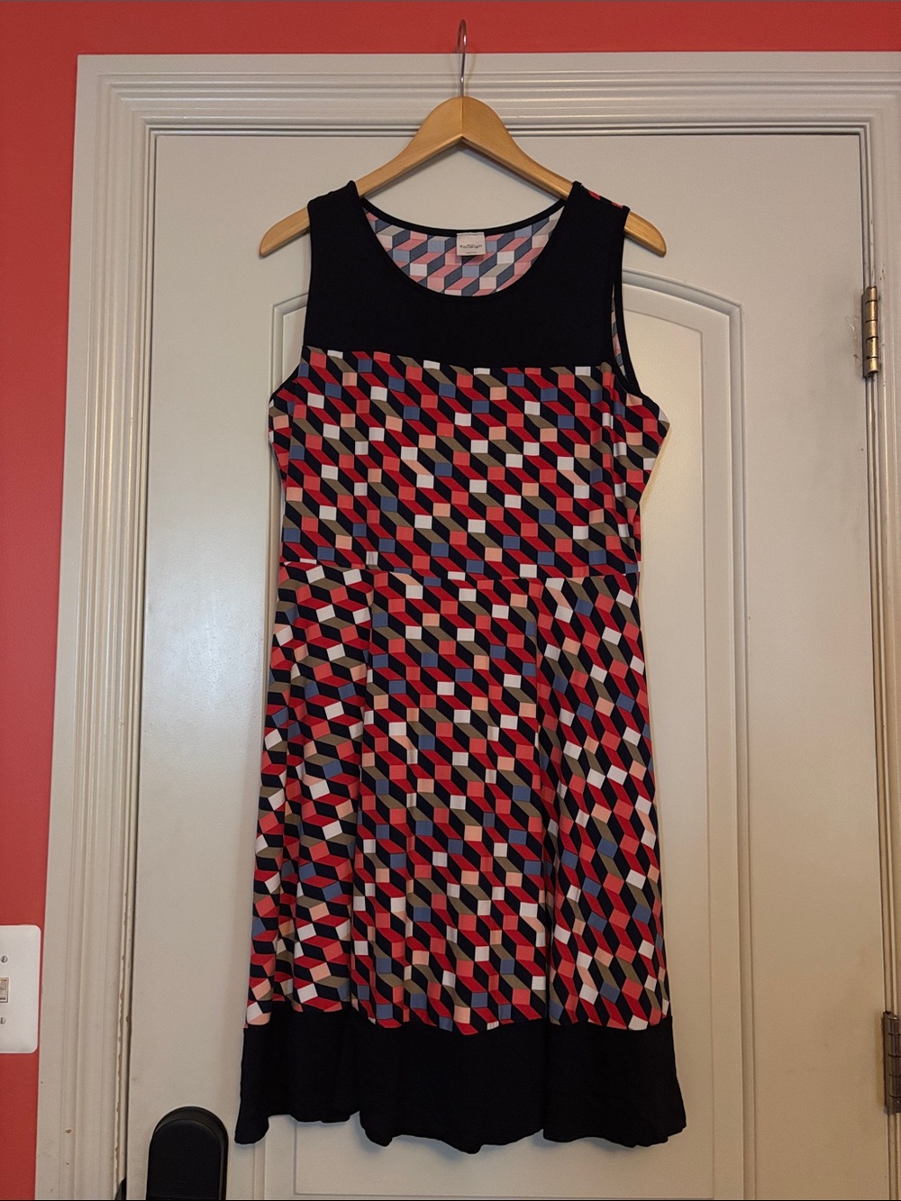 Kaileigh Navy Yoke Geometric Midi Dress with Pink and Red Accents